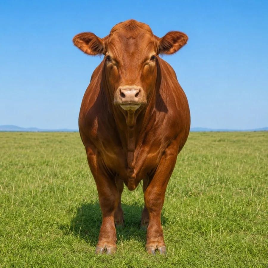 Una vaca American Red musculosa en pastura verde